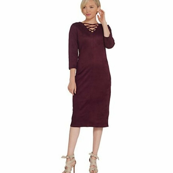 Gili Midi Dress Faux Suede Lace Up Neck Dress Wine Plum size Large Boho Retro - Picture 9 of 9